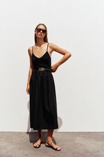 Zara Black Belted Midi Dress Large V-Neck Spaghetti Strap Organic Cotton NWT