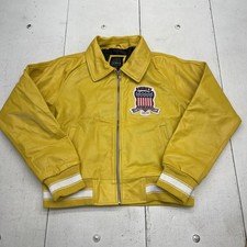 Avirex Leather Jacket Youth Boys Medium Yellow Varsity USA Patch Full Zip Logo