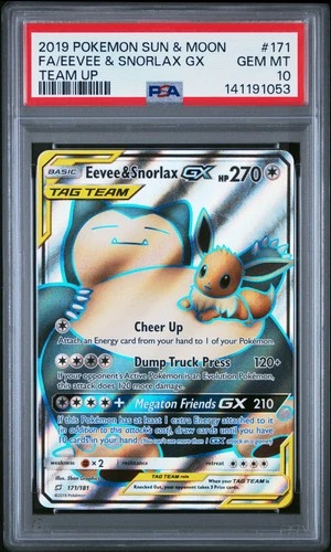 2019 POKEMON SUN & MOON TEAM UP #171 FULL ART/EEVEE & SNORLAX GX PSA 10
