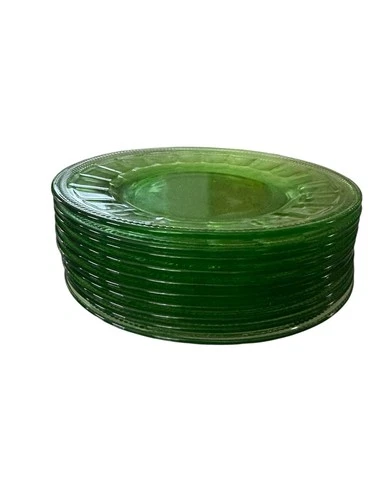 Vintage green uranium glass plates, Depression glass,  Set Of 10 8.5” across.