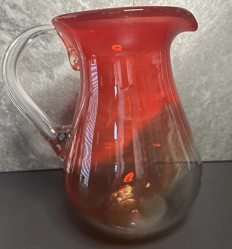 BLENKO Vintage Large Tangerine Glass Pitcher With Clear Handle 9 1/4”