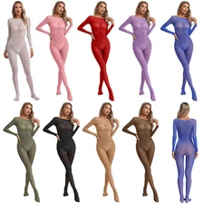 Women Sheer Silky Jumpsuit Elastic Long Sleeve Seamless Footed Sheer Bodysuit 