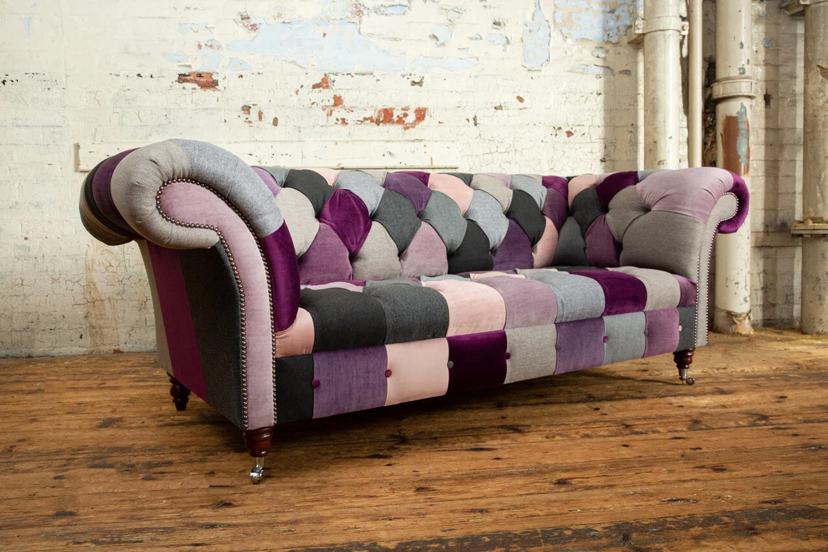 HANDMADE UNIQUE 3 SEATER PINK PURPLE GREY FABRIC PATCHWORK CHESTERFIELD SOFA