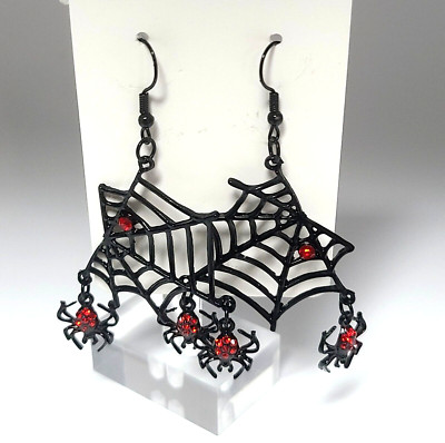 Halloween  Whimsical Earrings spider web & Spiders in Black #322 LQQK!