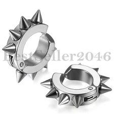 2pcs Silver Spike Clip On Earrings Stainless Steel Unisx Hoop Huggie Non-Pierced