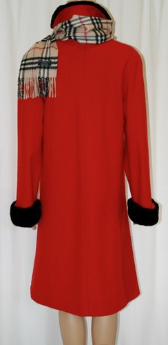 Manteau en laine midi rouge pomme bonbon Charles Klein avec collier noir en fausse fourrure Wms Med Lg - Photo 4/13