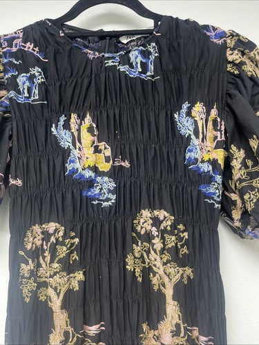 Zara Dress Black UK XS Midi Boho Puff Sleeve Stretch Embroidered Oriental Holly - Picture 17 of 24