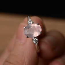 Natural Rose Quartz Oval Cut Gemstone 925 Sterling Silver Women Designer Ring
