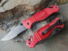 Red Stonewashed Spring Assisted Pocket Knife Flipper All Metal EDC Tactical