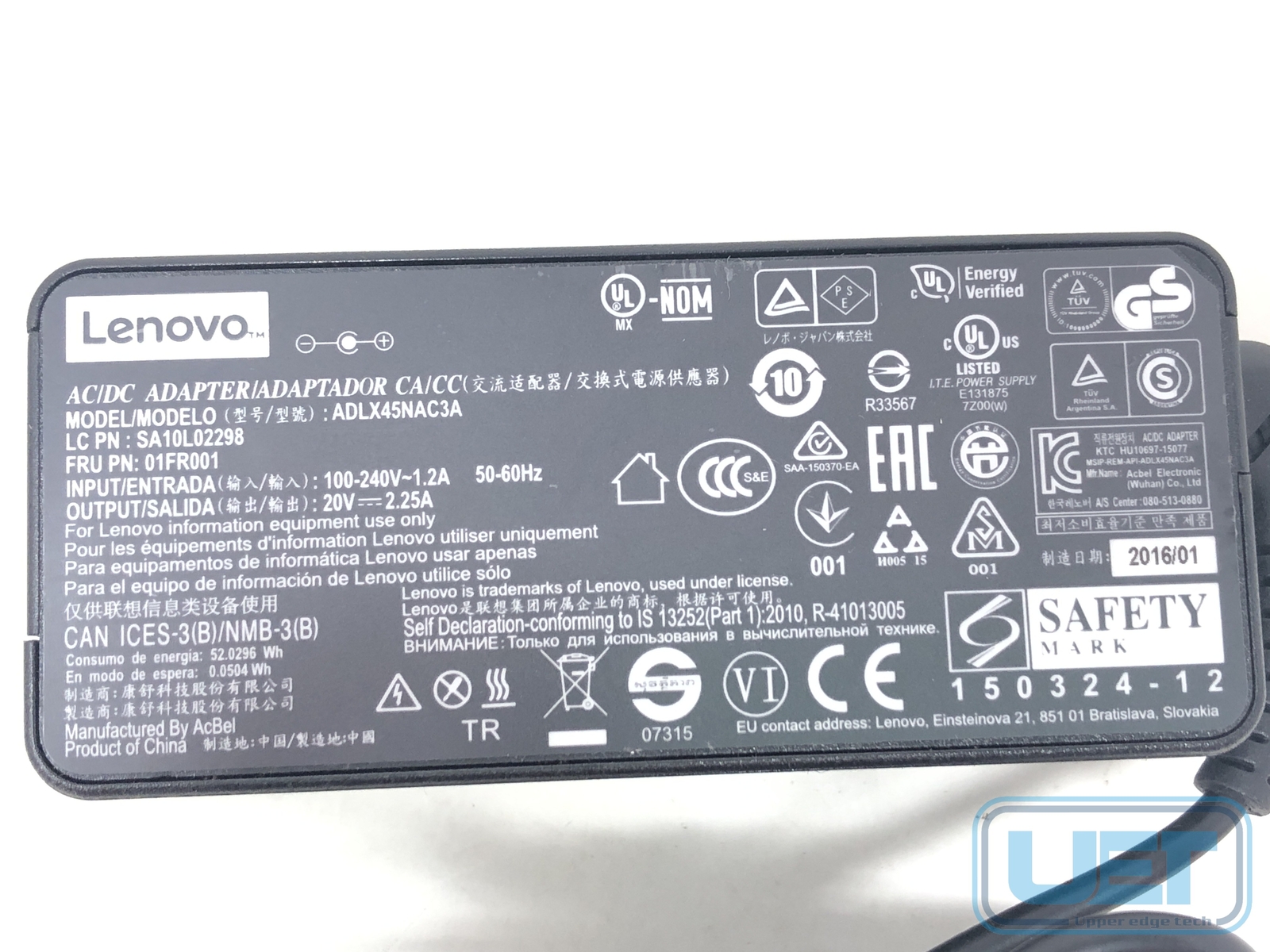 Lenovo Winbook N24-81AF AC Power Adapter 01FR001 45W Right angle round black