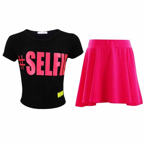 Kids Girls #SELFIE Crop Top u0026 Fashion Skater Skirt Set 7 8 9 10 11 12 13  Year. | eBay