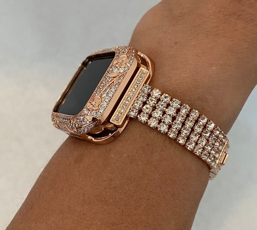 Bling Apple Watch Band Women Rose Gold 38-45mm or Crystal Bezel Cover Bumper - Picture 2 of 10