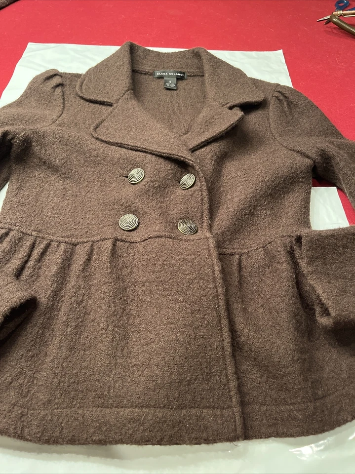 Chaqueta Elena Solano LANA MARRÓN Doble Pecho 4 Botones Frontal Peplum Volantes Trabajo Foto 3 de 4