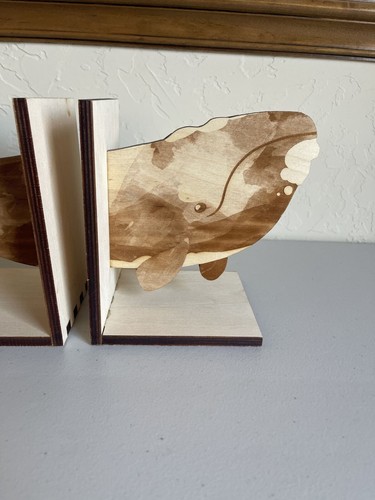 Wooden Whale Nautical Bookends Natural Brown Tan 7" Tall 7" Wide Ocean Beach Nur - Picture 2 of 5
