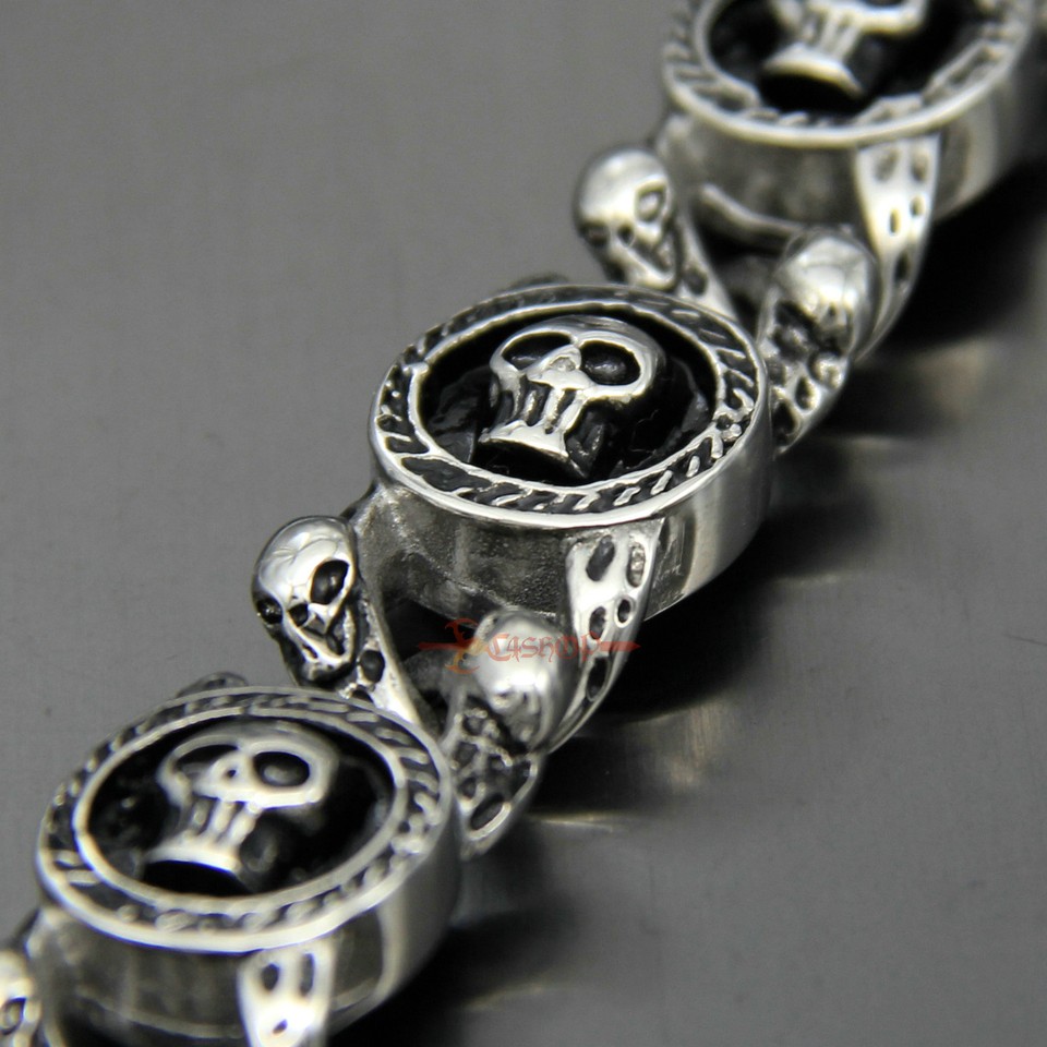 Punk Gothic Stainless Steel Shiny Skull Link Chain Bracelets for Charm Men
