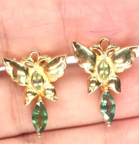 Caliente 4 X 9 Mm. Verde Zafiro & Peridoto Pendientes Plata 925 de Ley - Imagen 2 de 5