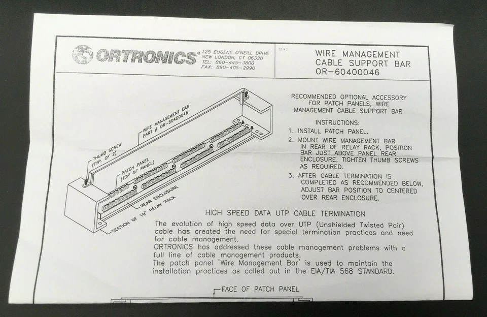 Ortronics Cable Management Support Bar U-Type 1.5 D 19 in W 60400046 *NOB* - Image 3 of 4