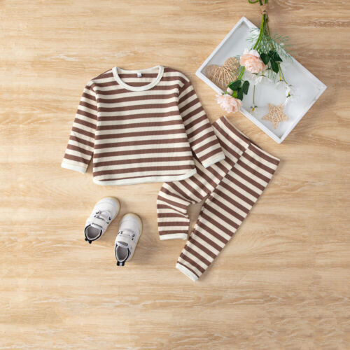 Kids Toddler Boy Girl Stripe Tracksuit Sweatshirt Shirt Pants Outfit Set Clothes - Picture 3 of 14