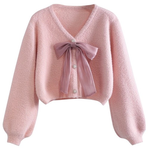Lady Faux Fur Cardigan Preppy Fluffy Furry Bowknot Button Soft Sweet Cute Winter - Picture 4 of 13