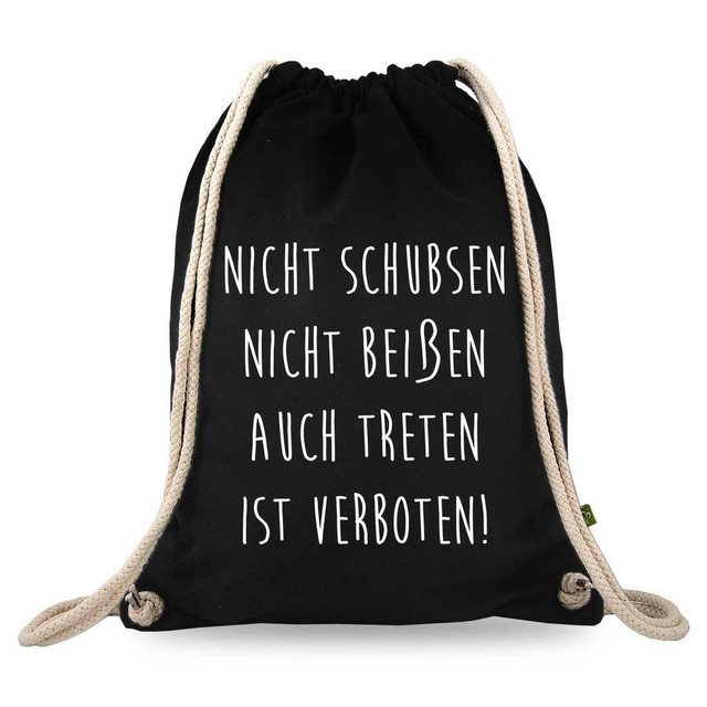 Turnbeutel mit Spruch NICHT SCHUBSEN NICHT BEIßEN NICHT TRETEN schwarz 67391303 Turnbeutel mit Spruch NICHT SCHUBSEN NICHT BEIßEN NICHT TRETEN schwarz 67391303