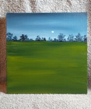 Original 8" Landscape Oil Painting abstract grassy Fields Blue Moonlit Night Sky