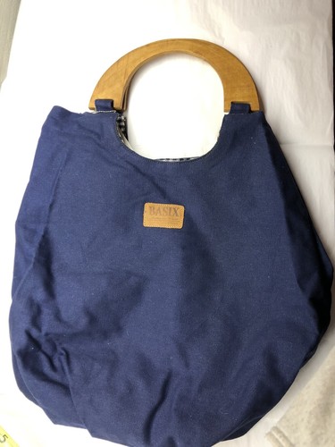 NWT Vintage Blue Basix Canvas Tote Bag With Wood Handle Gingham Checkered Lining - Picture 9 of 13