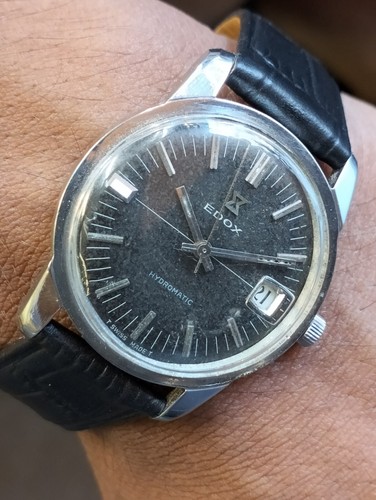EDOX 21 JEWELS AUTOMATIC PATINA BLACK DIAL SWISS MEN FULL WORKING VINTAGE WATCH - Picture 14 of 23