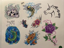 Vintage Tattoo Flash Wall Art Sheet Print by Ray Askey 1998 Carp Skull Lotus