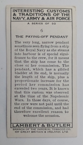 Lambert & Butler 1939 Interesting Customs Card No 6 The Paying-Off Pendant - Picture 3 of 3