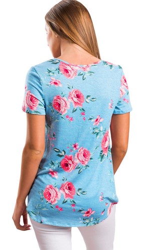 Blue Floral Stretch Crisscross Neckline Top - Picture 3 of 3
