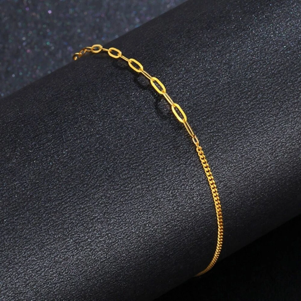 Corrente feminina de ouro amarelo 18K puro freio largo O pulseira tornozeleira 5,9""-9,4"" - Imagem 4 de 4