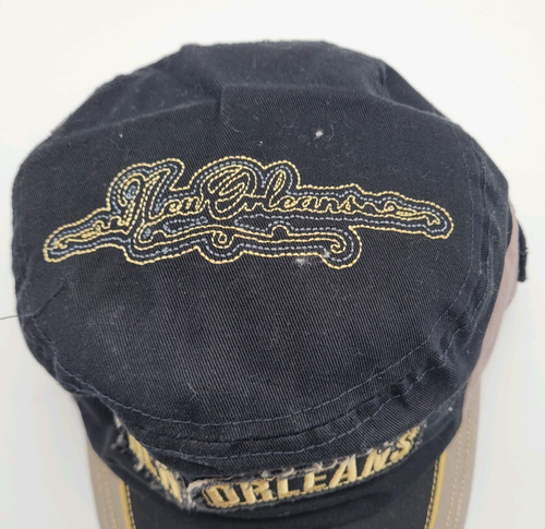 New Orleans Louisiana Embroidered Cadet Style Flat Top Elastic Back Cap Black - Picture 2 of 8