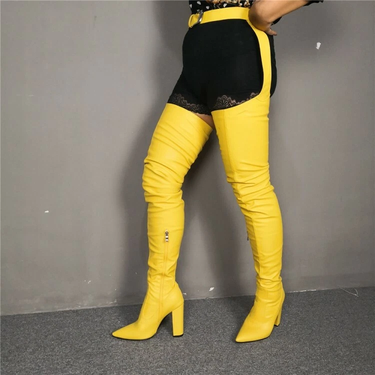 Nightclub Stylish Waist Belt Boots Women Thigh High Boots Chunky Heel Shoes