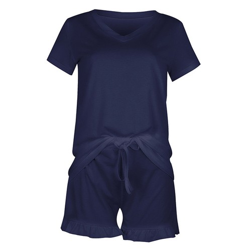 Damen Baumwolle Pyjama Set Kurzarm V-Ausschnitt Oberteil Rüschen Shorts 2-teilig Lounge Pyjama - Bild 11 von 54