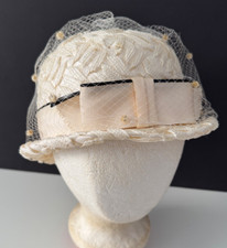 Wos Vintage 1960's Beige Raffia Pillbox Hat w/Grosgrain Ribbon and Net Trim