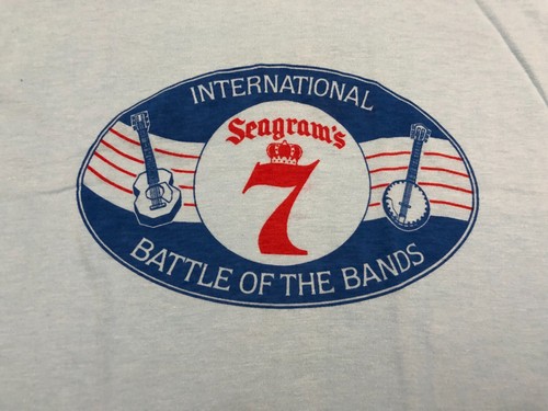 NEW VINTAGE 1970's SEAGRAMS 7 T SHIRT MENS MEDIUM BLUE RED BATTLE OF THE BANDS e - Picture 2 of 4