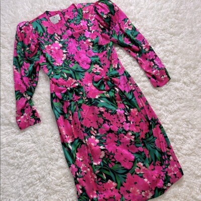 Vintage Flora Kung Silk Floral Long Sleeve Dress, Pink Green Size