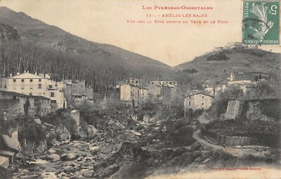 Old postcard 66 AMELIE LES BAINS VIEW ON THE RIGHT BANK OF THE TEICH AND THE FORT