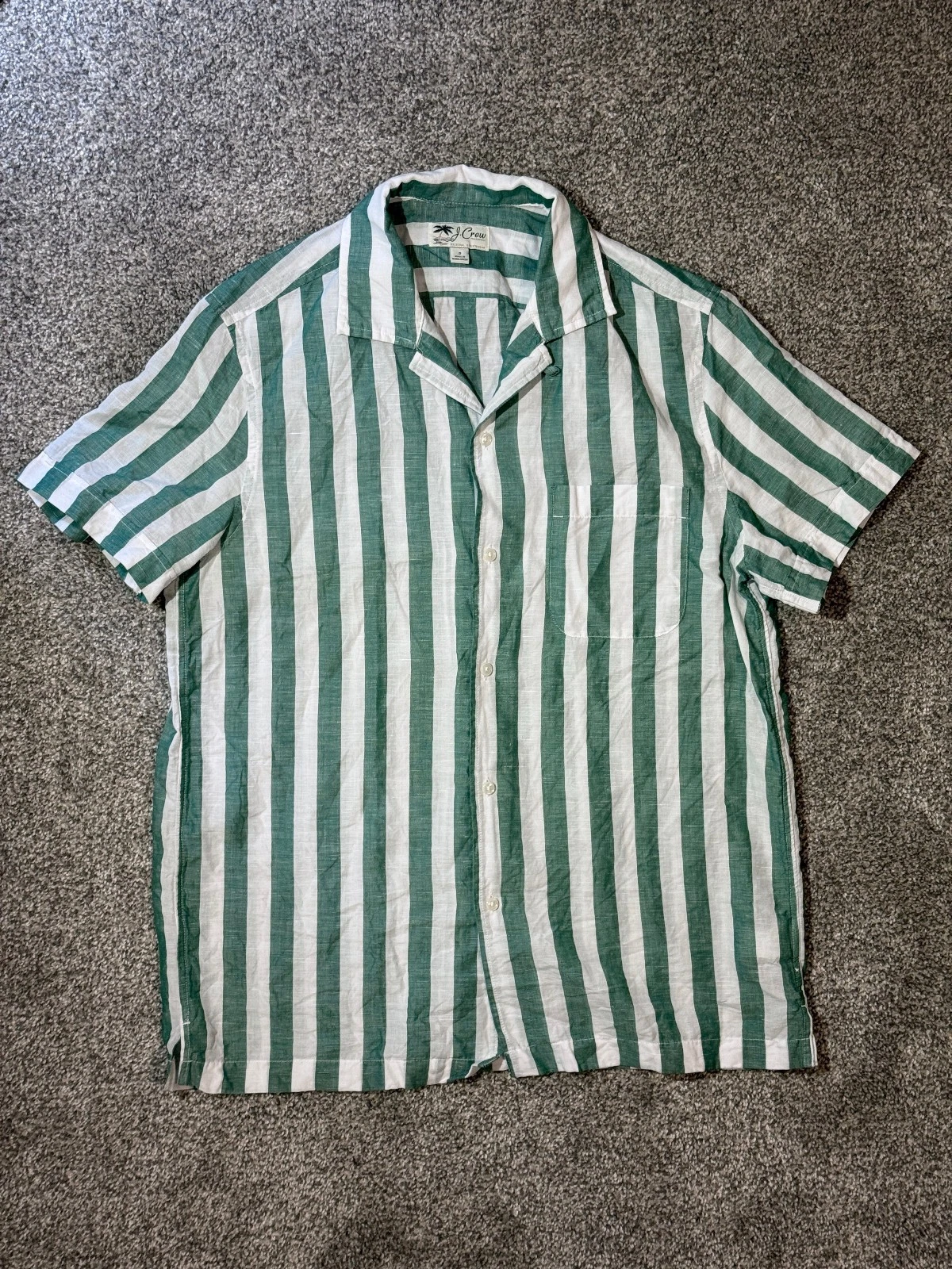JCrew Men's Short-Sleeve Camp-Collar Shirt, Green/White Striped Linen/Cotton, S