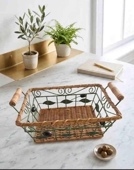 🌿 Corbeille provençale Métal & osier motifs olives Déco cuisine champêtre - Photo 1/4