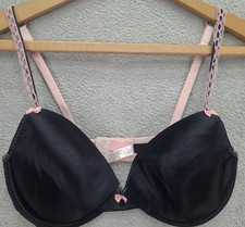 Vintage Victoria's Secret Bra 36D Black pink Lace Bows Lightly Padded Underwire