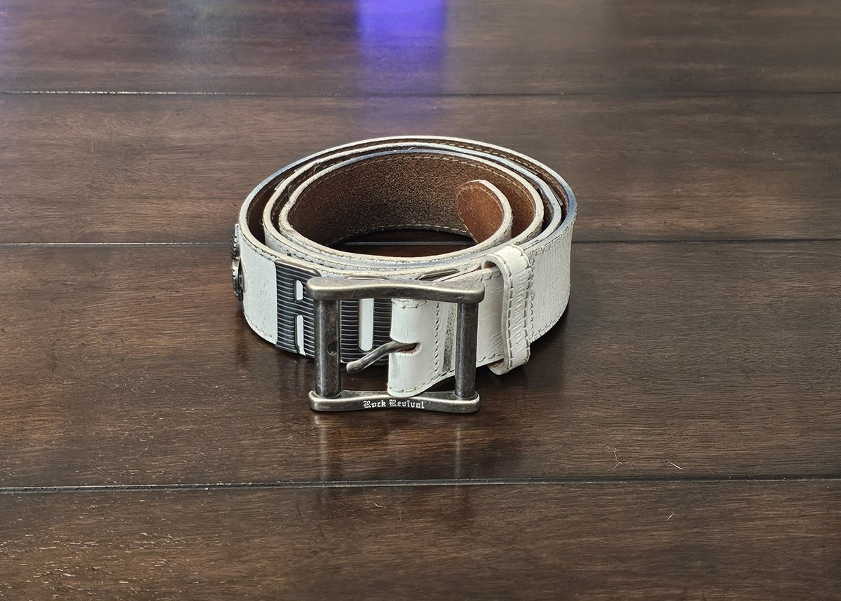 Rock Revival Belt Men 44 White Distressed Leather Fleur de Lis