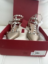 Valentino Leather Strappy Heels Gold Studded Ankle Strap Women's 38.5