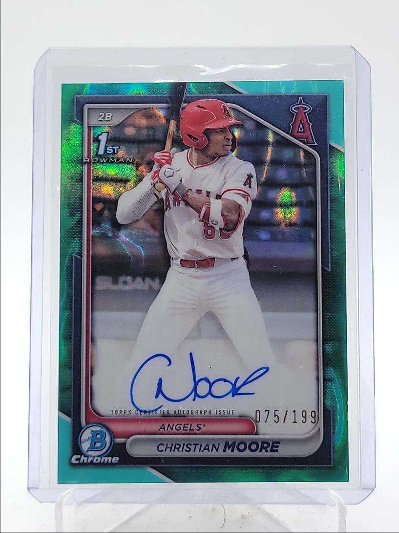 CHRISTIAN MOORE 2024 BOWMAN CHROME DRAFT 1ST AQUA LAVA AUTO /199 Q5874