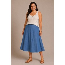 Chambray A Line Midi Skirt Elastic Waist Side Zip Boho Cottagecore M 8/10