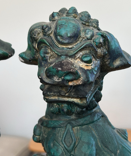 Turquoise Foo Fu Dog Dogs Guardion Lion Statue Pair Cast Concrete Stone Bookends - Picture 2 of 9