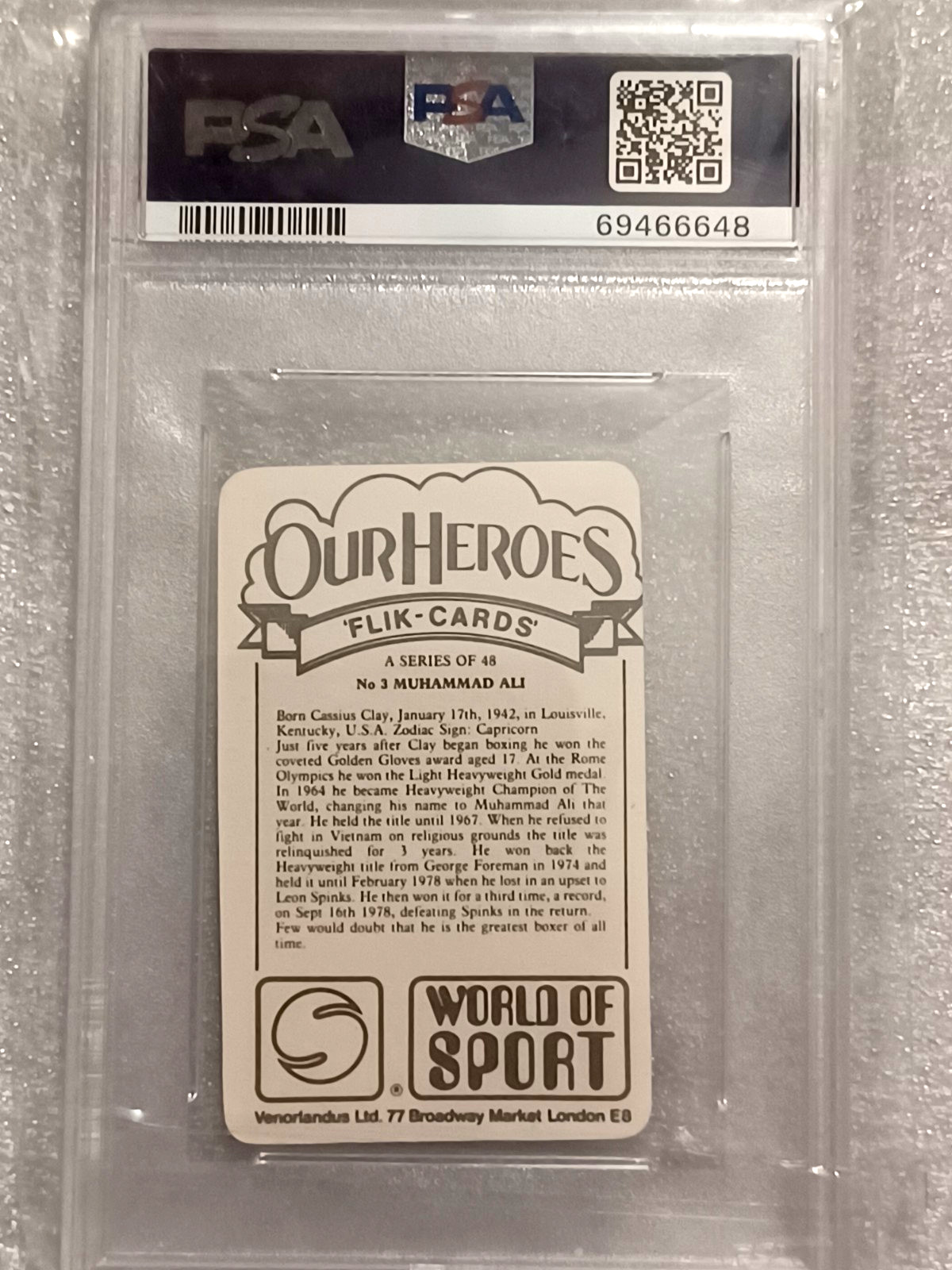 1979  Venorlandus Ltd. #3 MUHAMMAD ALI Our Heroes World of Sport PSA 8 NM-MT view 2
