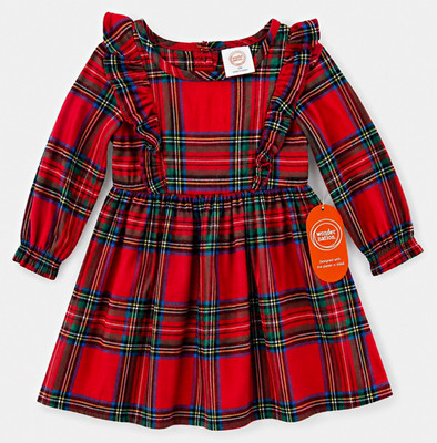 Wonder Nation Girls Plaid Ruffle A-Line Long Sleeve Cotton Dress 12M
