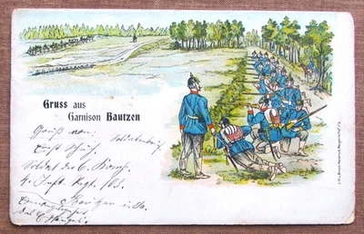Gruß aus Garnison BAUTZEN - Militär, Schießübung - LITHO 1902 - Bild 1 von 2