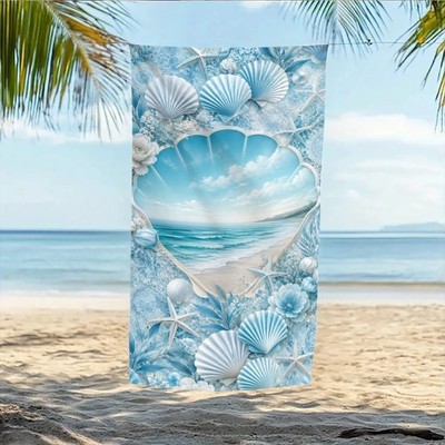 Cool Blue Seashell Beach Towel, Ocean View Shell Starfish Floral Print, Quick D